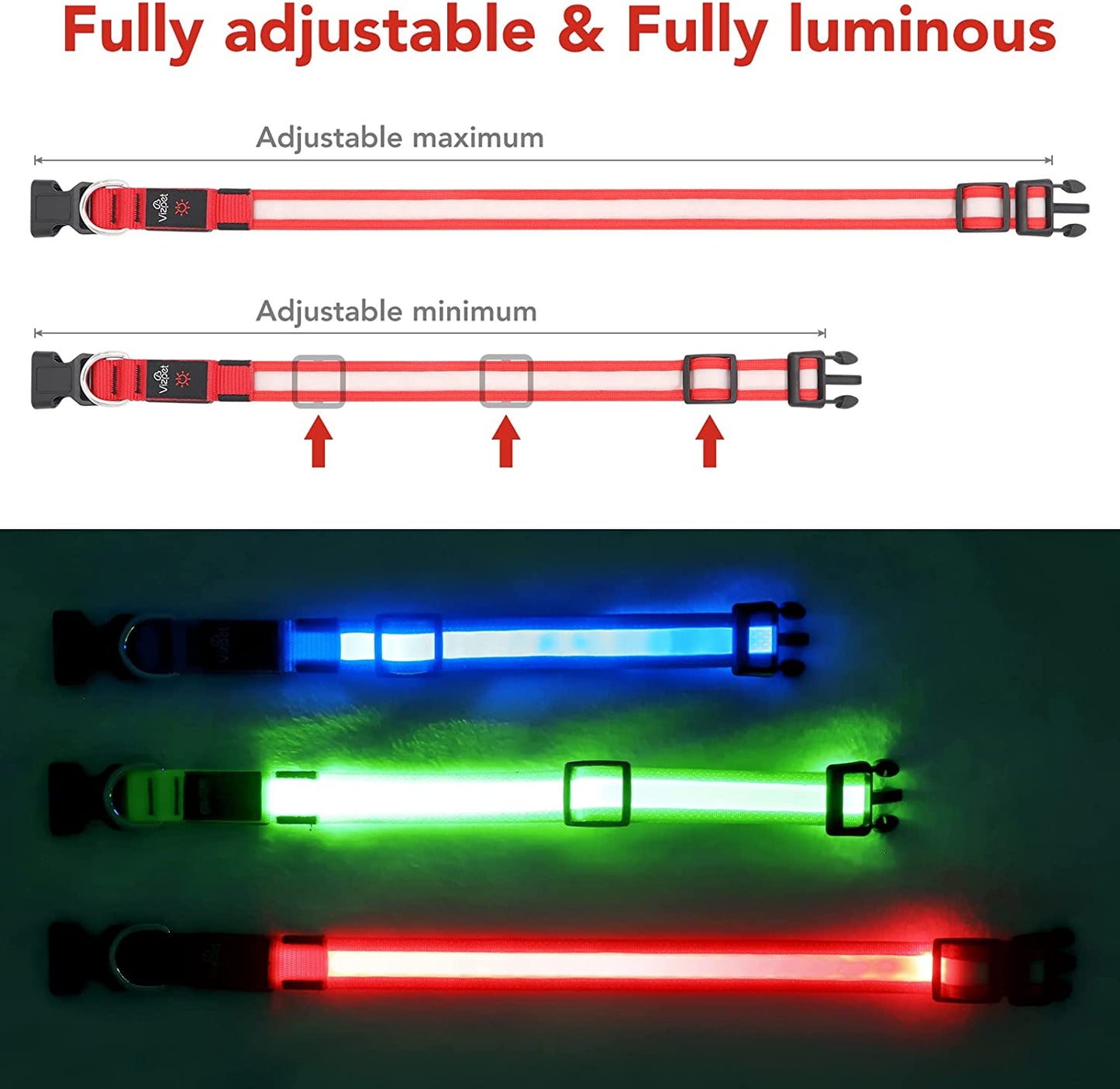 LED Dog Collar, Light up Dog Collar Adjustable USB Rechargeable Super Bright Safety Light Glowing Collars for Dogs